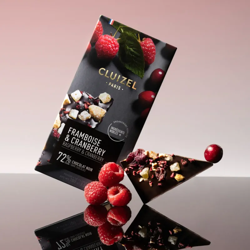 Raspberry & Cranberry bar 72% dark chocolate | CLUIZEL